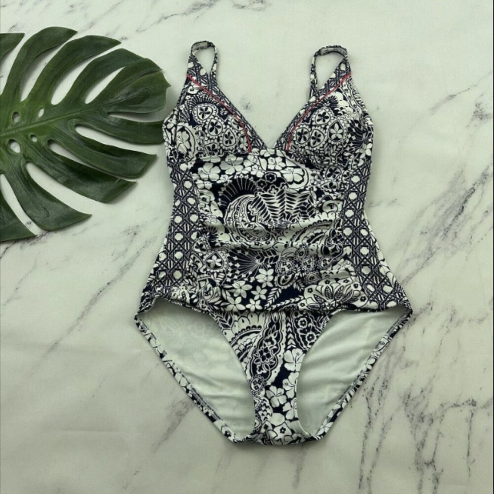 Tommy Bahama Womens One Piece Swimsuit Size 8 Navy Blue White Tropical Floral